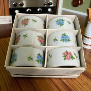 Vintage Sweet Cottage Blue and Pink Cabbage Rose Napkin Ring Set of 6